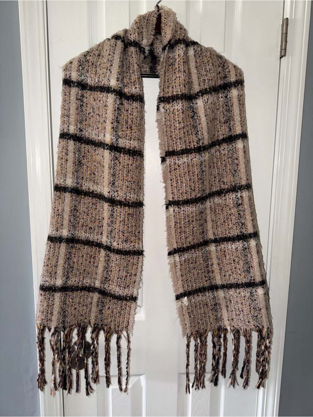 Cozy Beige Plaid Fringe Throw Scarf